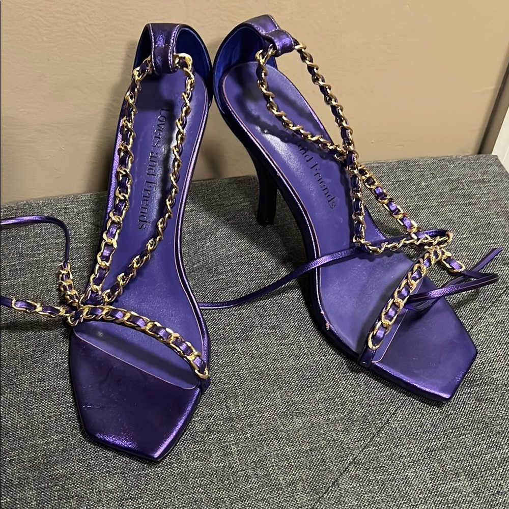 Lovers + Friends Purple Satin Chain Heels